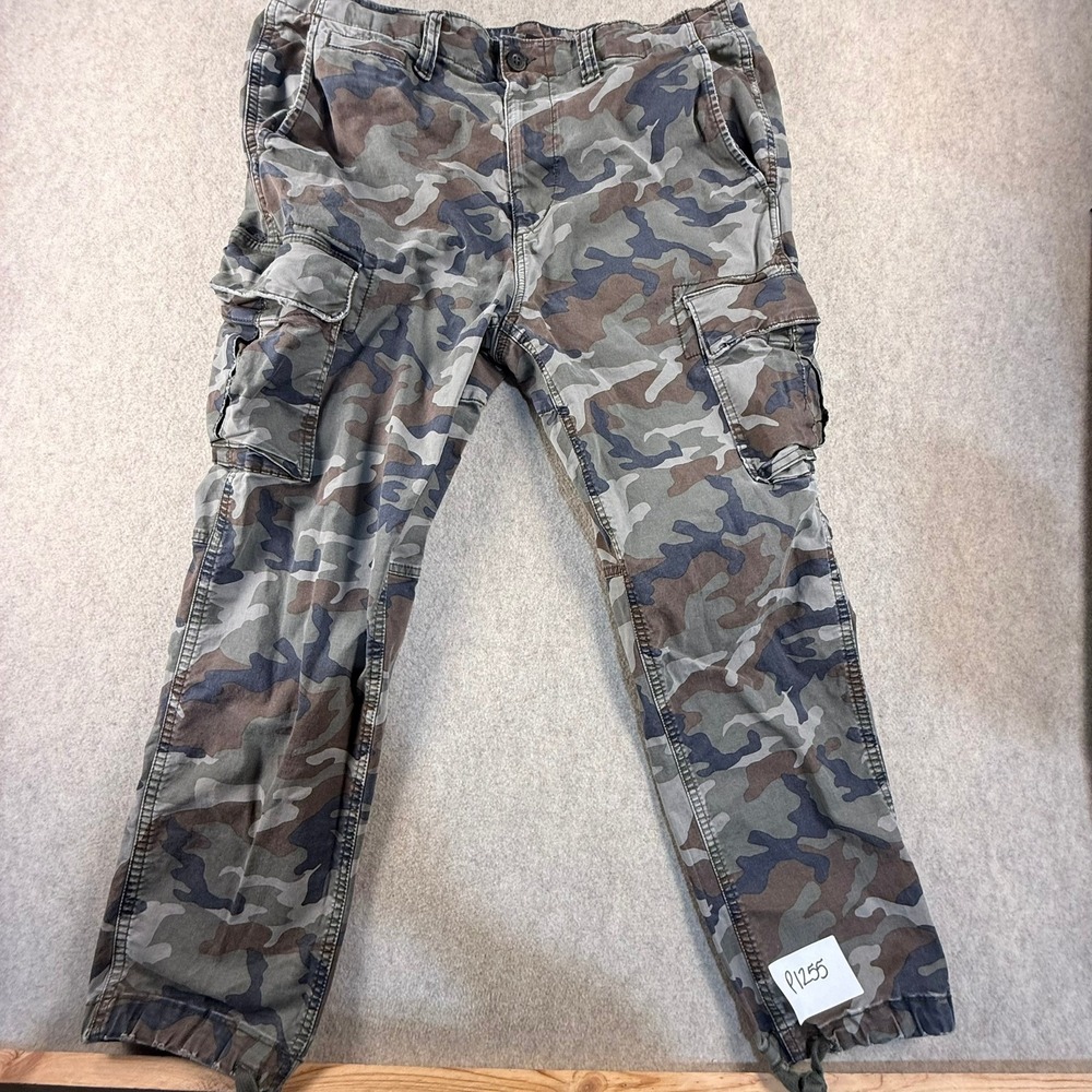 American Eagle Mens Camo Cargo Pants 36x30 Green Brown Blue Stretch Tapered Leg